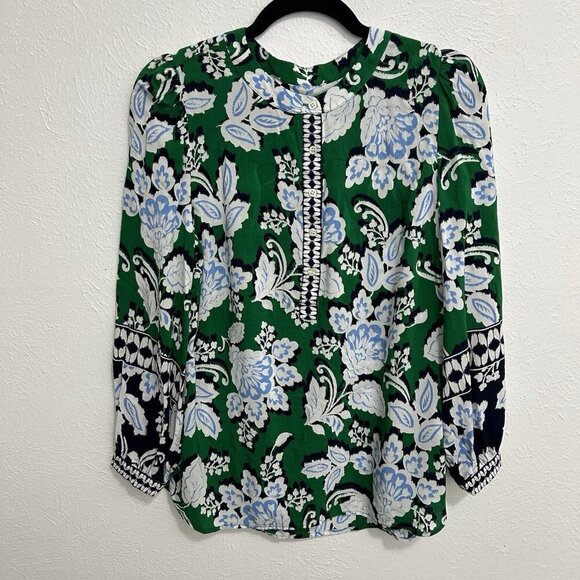 Talbots Green Floral Ikat Band Collar  Popover Top Blouse Long Sleeve Sz M Boho - Picture 1 of 8